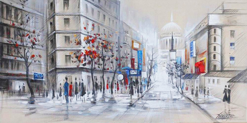 HA111 Wall décor art oil on canvas street scene red blue tones